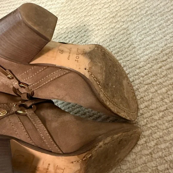 Christian Dior Taupe Suede Mid-Calf Heeled Boot with Gold Accent - Picture 6 of 6